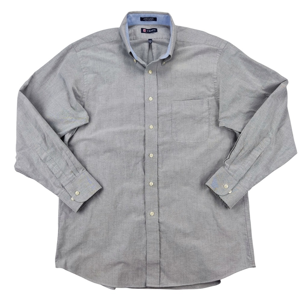 Chaps Button Down Men 16-16.5 Gray Oxford Classic Fit Wrinkle Free Shirt